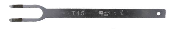Gabelschlüssel mit der Aufschrift 'T15', Metalloptik, zur Verwendung bei spezifischen Schraubverbindungen.