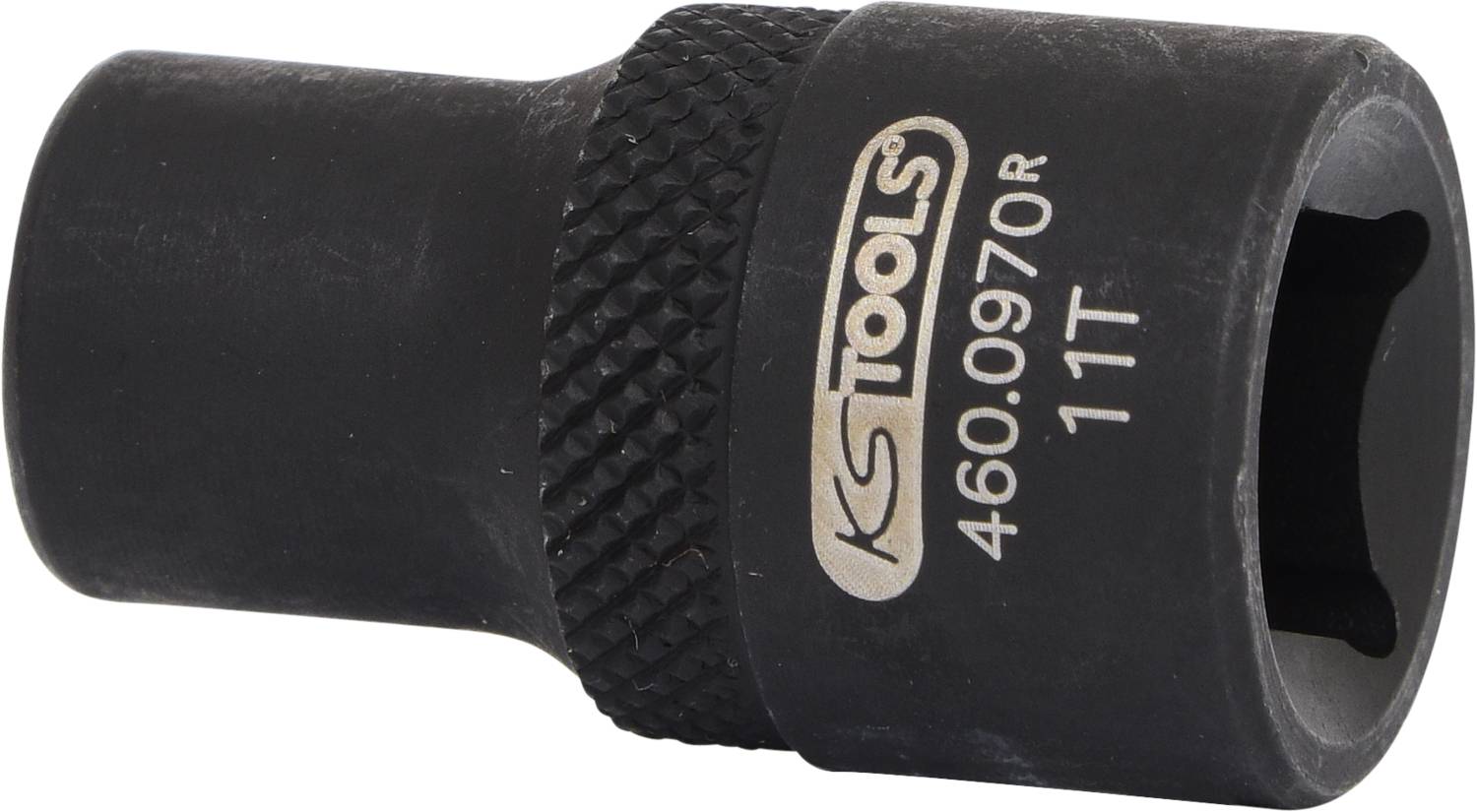 Schwarze Stecknuss der Marke KS Tools, mit Rändelung für besseren Griff, Größe 11T, Modellnummer 460.0970R.