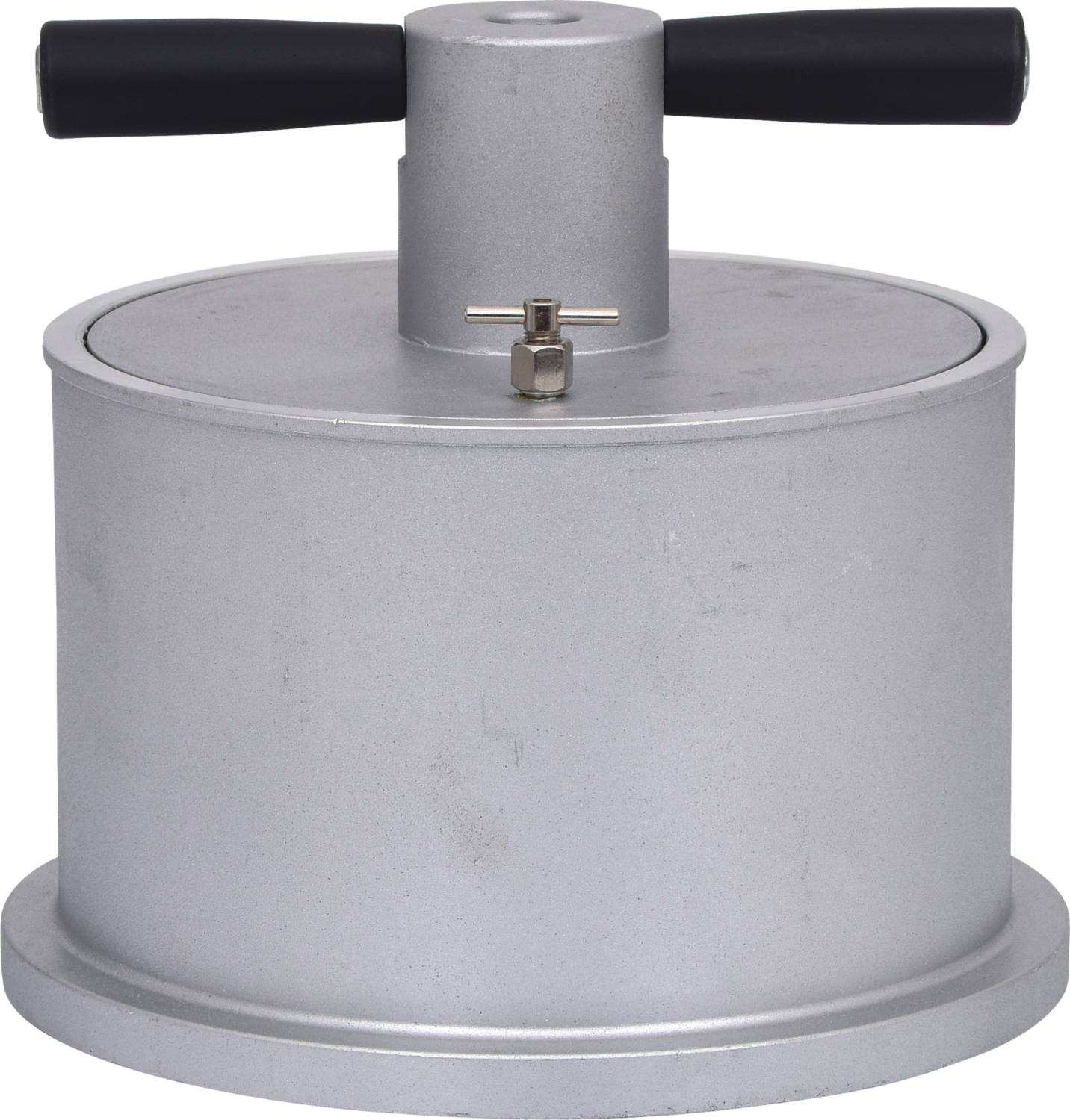 Ein silberner Drucktopf mit schwarzem Griff.