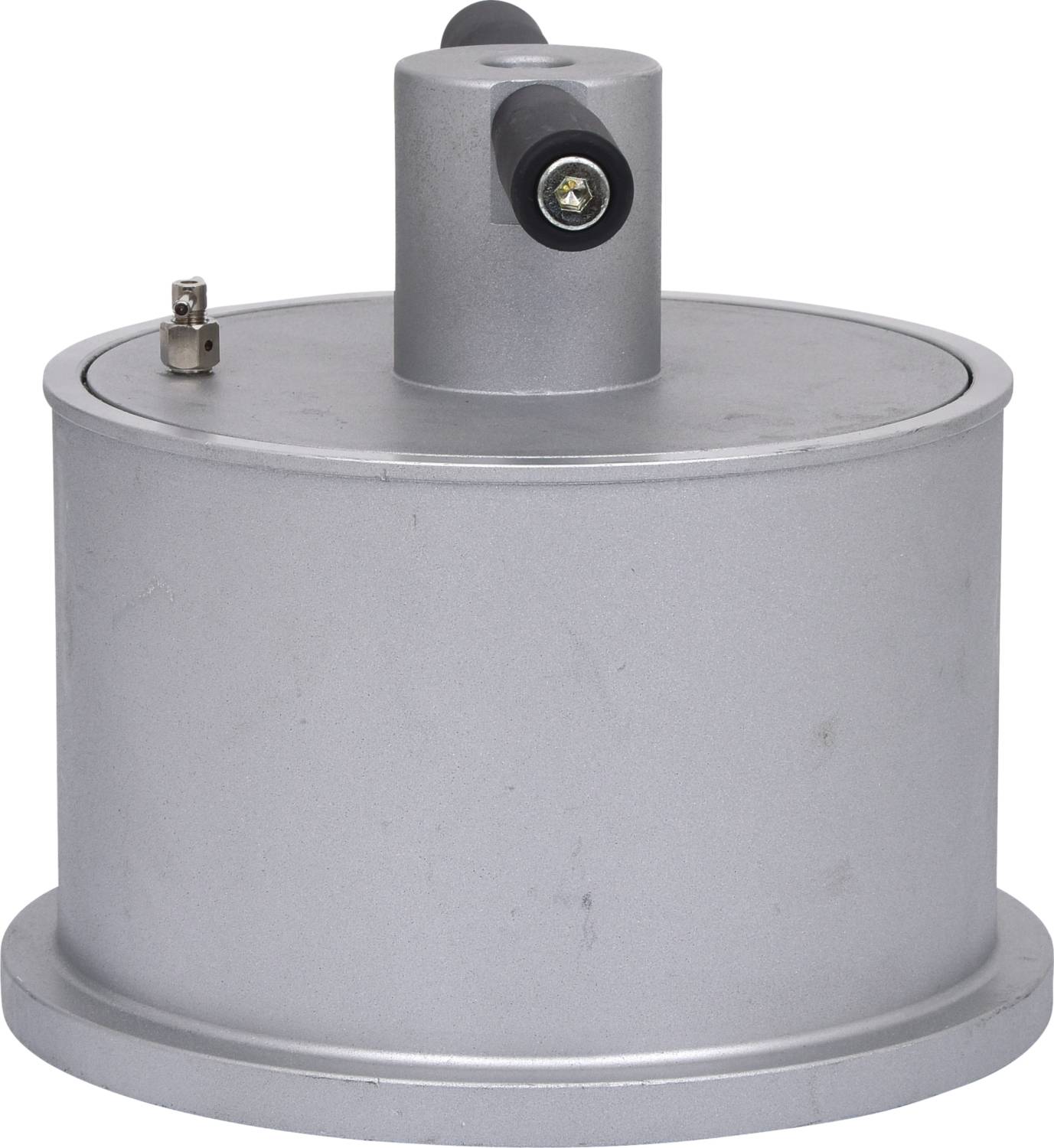 Silberner zylindrischer Metallbehälter mit verschlossenem Deckel und Befestigungen oben. Verwendet für industrielle Anwendungen.