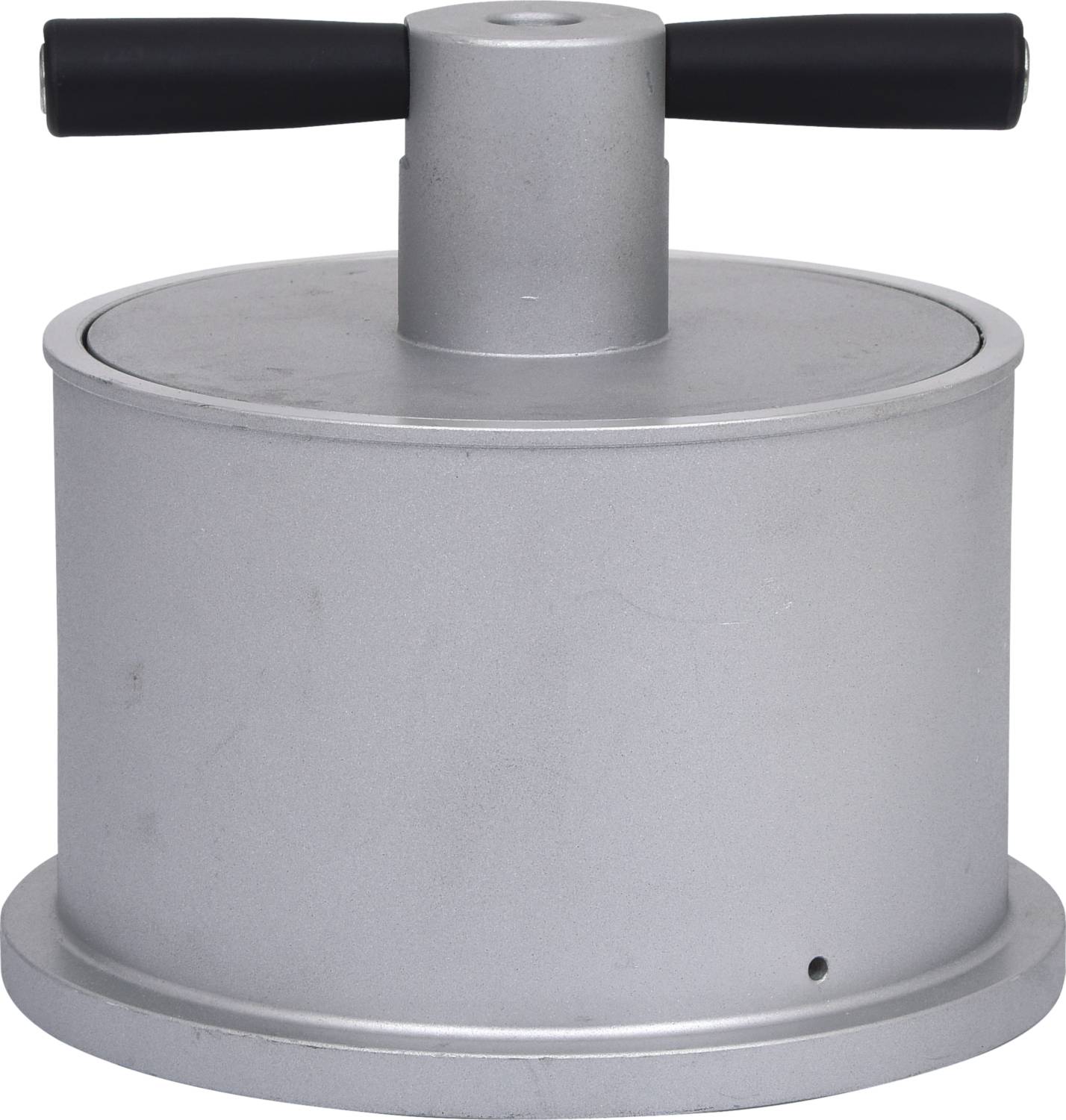 Silberne Hamburgerpresse mit schwarzem Griff, zylinderförmiges Design, wird verwendet, um Burger-Pattys gleichmäßig zu formen.