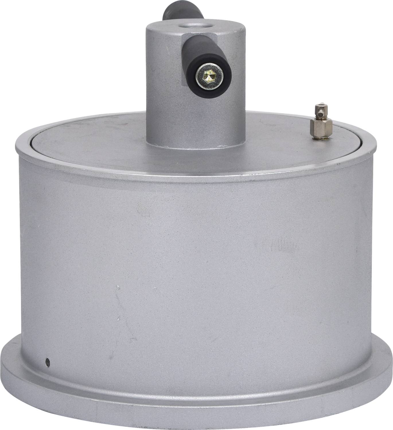 Metallisches zylindrisches Gerät mit Schraubverschluss oben, möglicherweise ein Behälter oder eine technische Komponente.