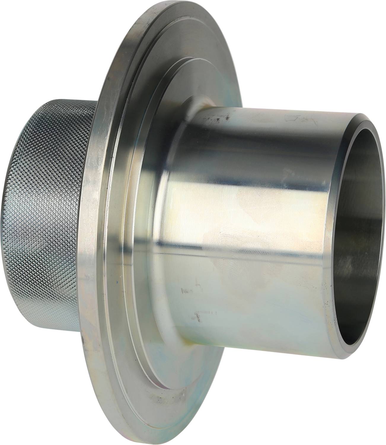 Metallflansch mit geriffelter Fläche und glatter zylindrischer Anschlusshülse, geeignet für industrielle Anwendungen.