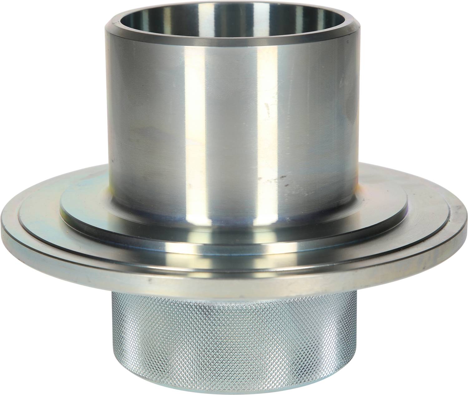 Ein glänzendes, zylindrisches Metallteil mit breitem Rand, das als Maschinenteil oder Verbindungselement dienen könnte.