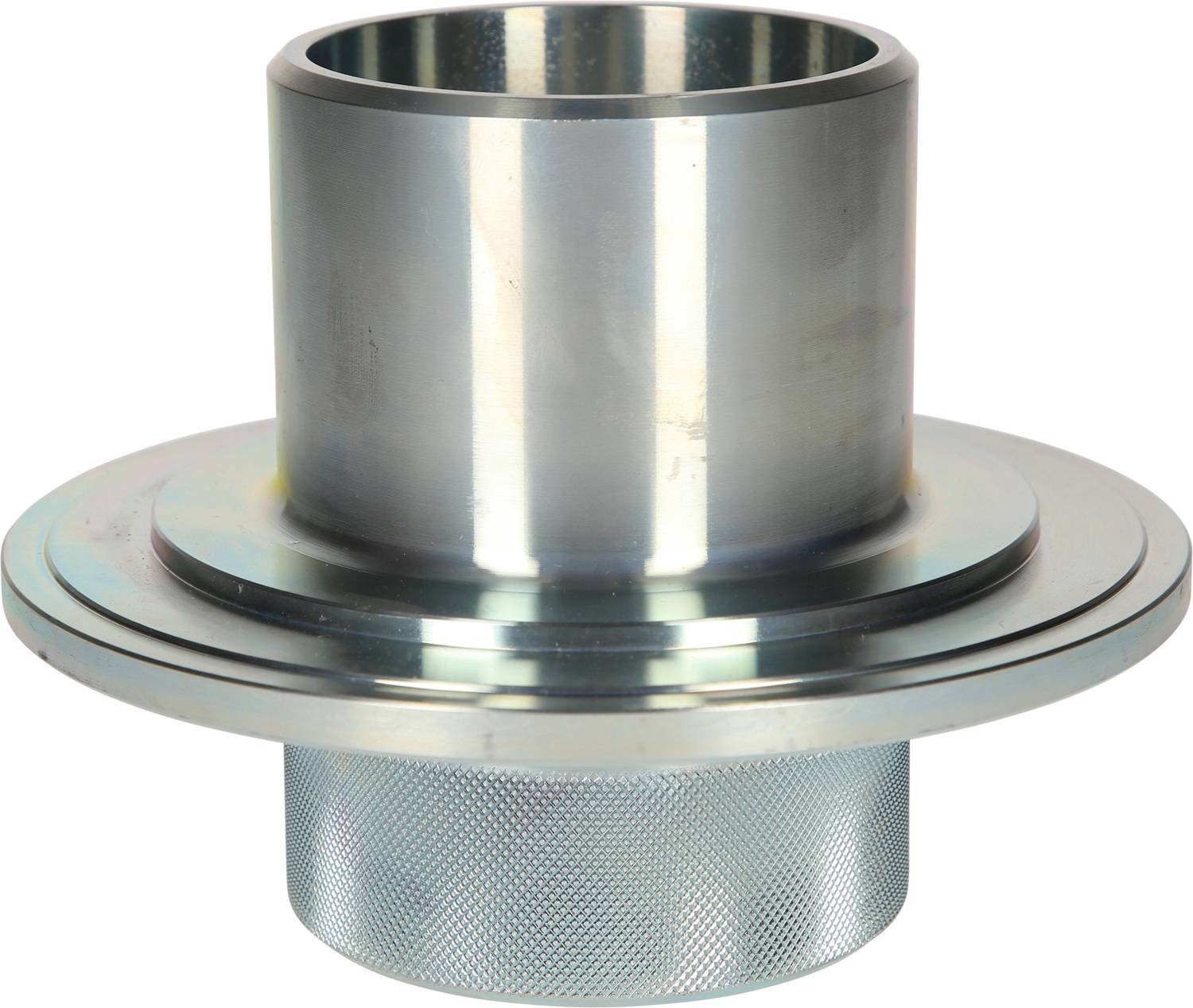 Metallisches zylindrisches Bauteil mit breitem Flansch und gerändeltem unteren Abschnitt, für technische Anwendungen.
