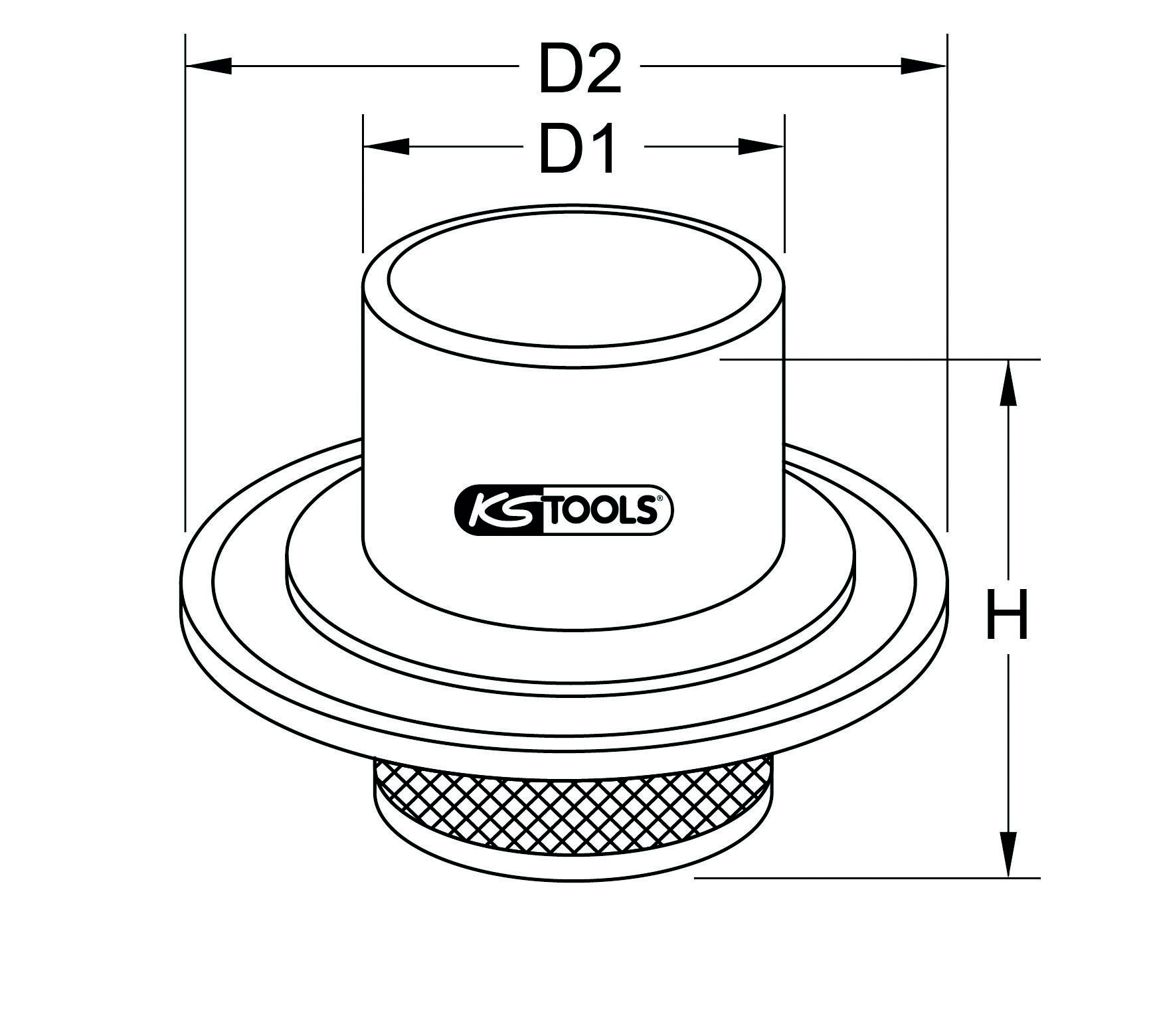 Schematische Zeichnung eines Teils mit den Bezeichnungen: D2, D1 und H. Das Logo von KS Tools ist in der Mitte des Teils platziert.