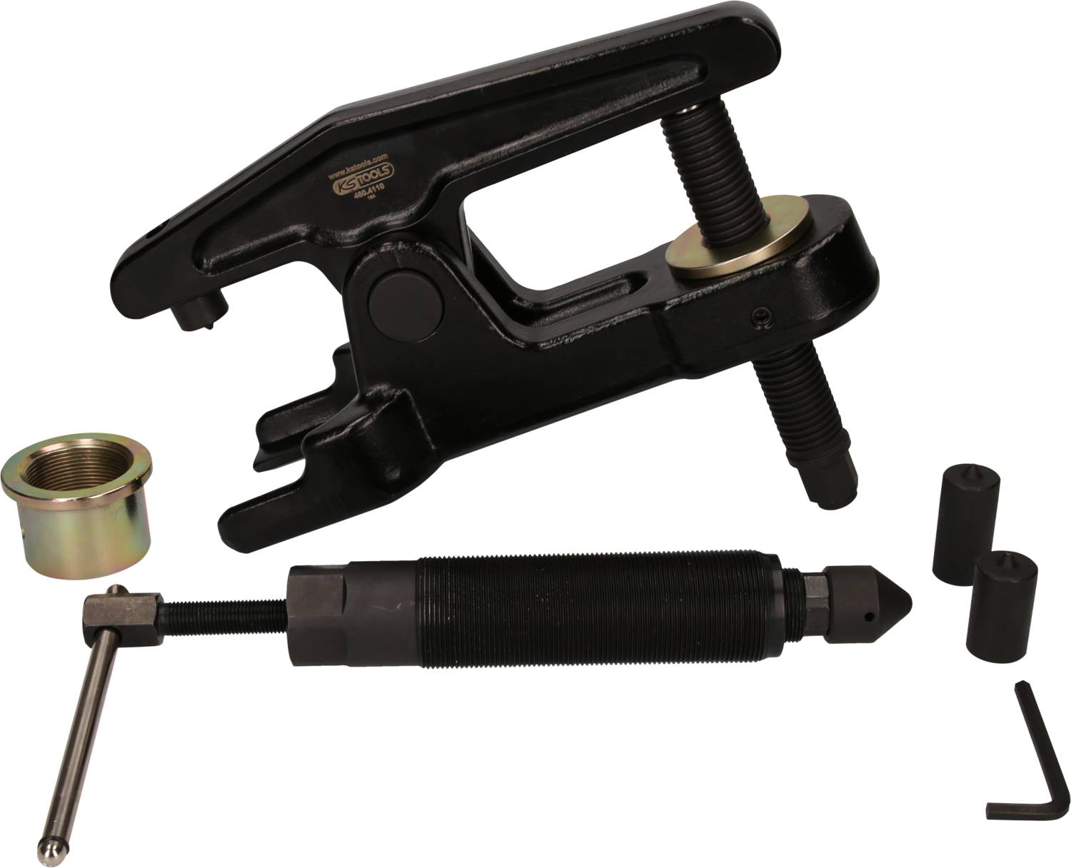 Werkzeugsatz zum Entfernen von Kugelgelenken, bestehend aus Schraubvorrichtung, Gewindebolzen, Unterlegscheibe und zwei Adaptern.