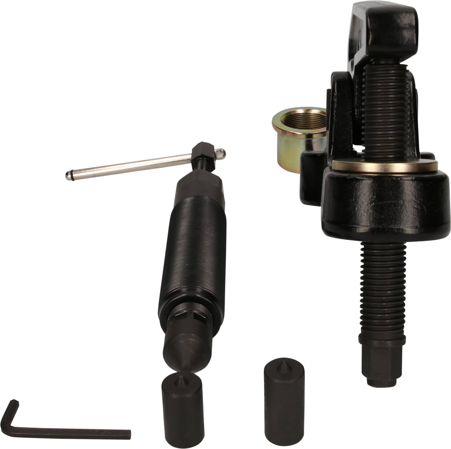 Ein schwarzes Werkzeug-Set zur Demontage von Traggelenken und Spurstangen, bestehend aus Schraubengewindespanner und Zubehör.