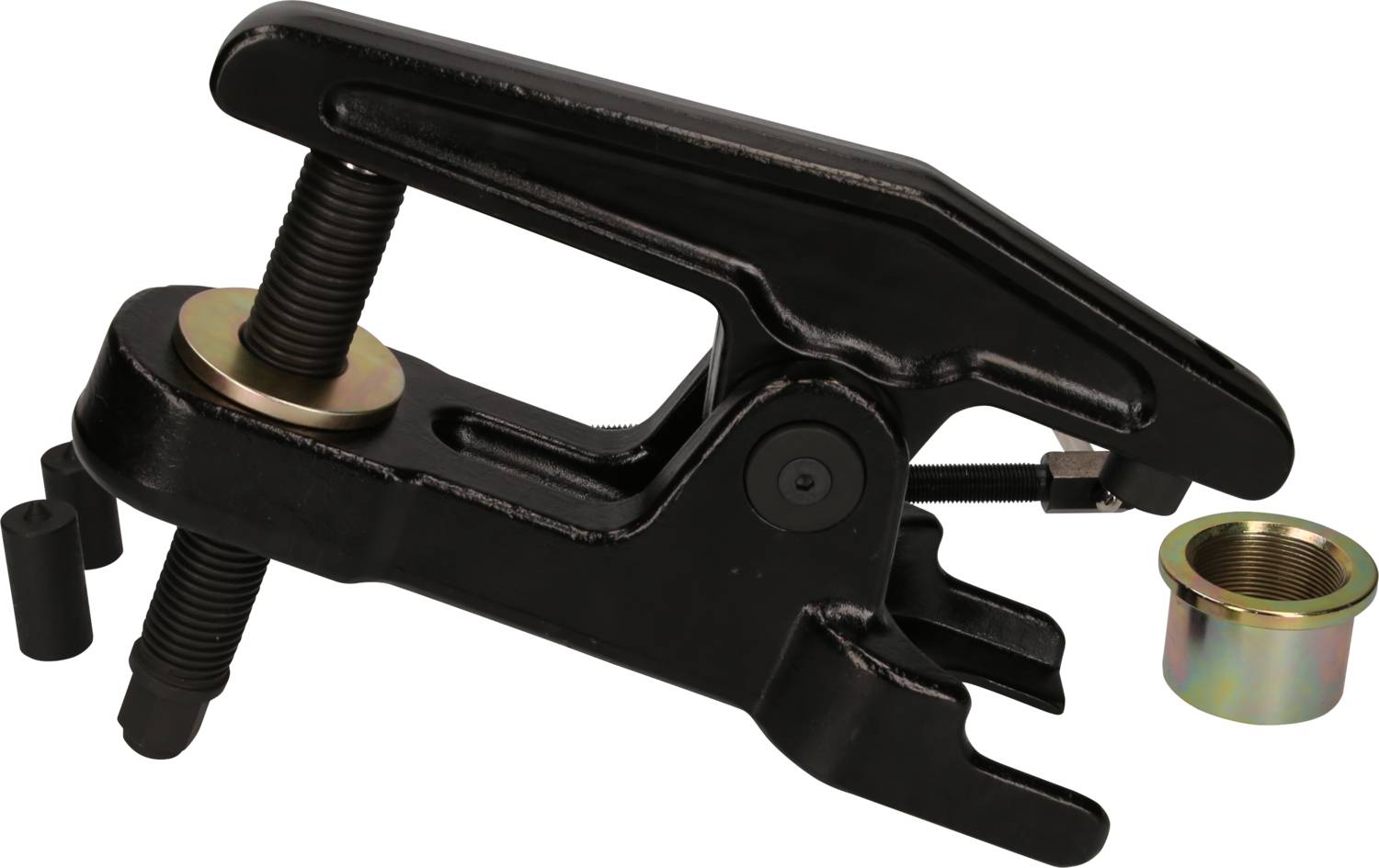 Werkzeug zur Kugelgelenk-Entfernung, schwarze Zwinge mit Gewindestange und Zubehör, geeignet für Autoreparaturen.