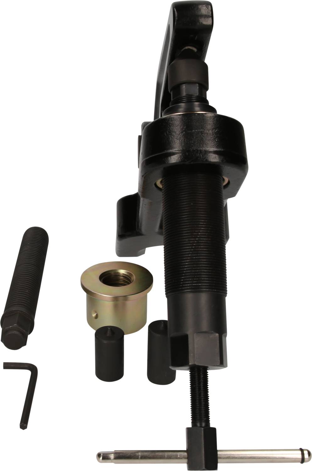 Abgebildet ist ein schwarzes Werkzeug mit verschiedenen Aufsätzen, verwendet zur Montage oder Demontage von Schraubverbindungen.