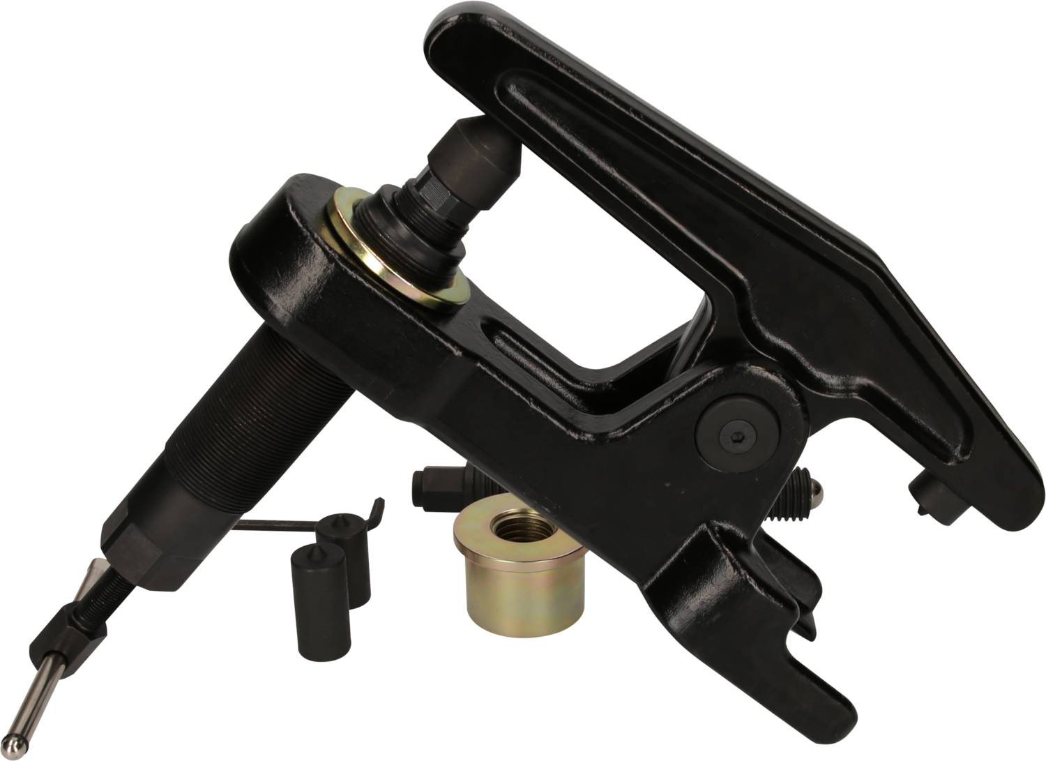 Ein schwarzes hydraulisches Werkzeug mit Hebel und Aufsätzen, das zum Entfernen von festgefahrenen Fahrzeugteilen verwendet wird.