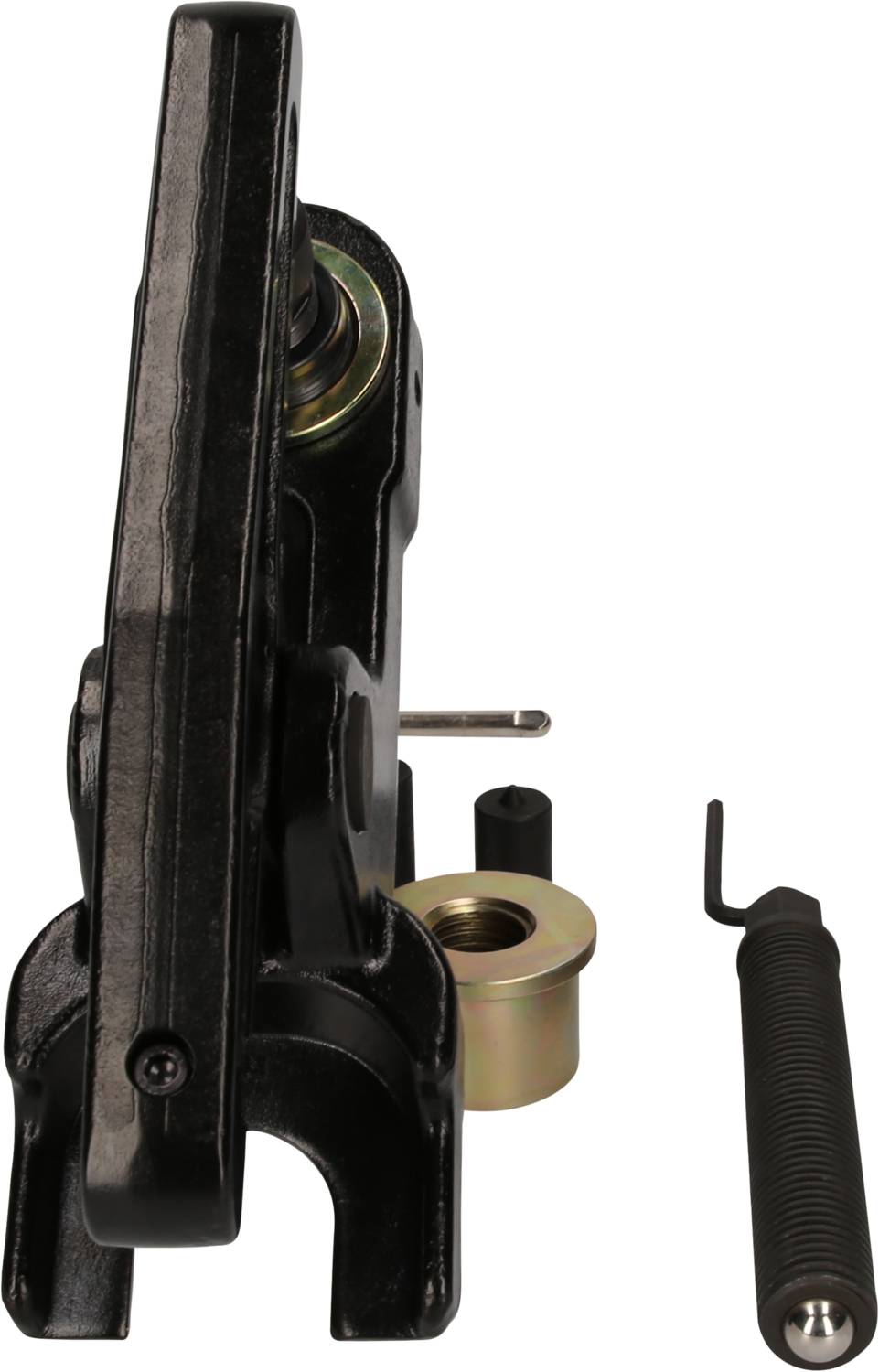 Ein schwarzes mechanisches Werkzeug mit Metallteilen und Feder. Es scheint ein spezielles Werkzeug für technische Anwendungen zu sein.