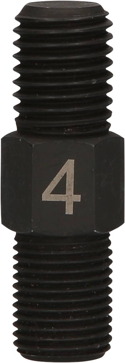 Schwarze Sechskant-Gewindebuchse mit der Nummer '4' darauf gedruckt, wahrscheinlich ein Teil für mechanische oder industrielle Anwendungen.