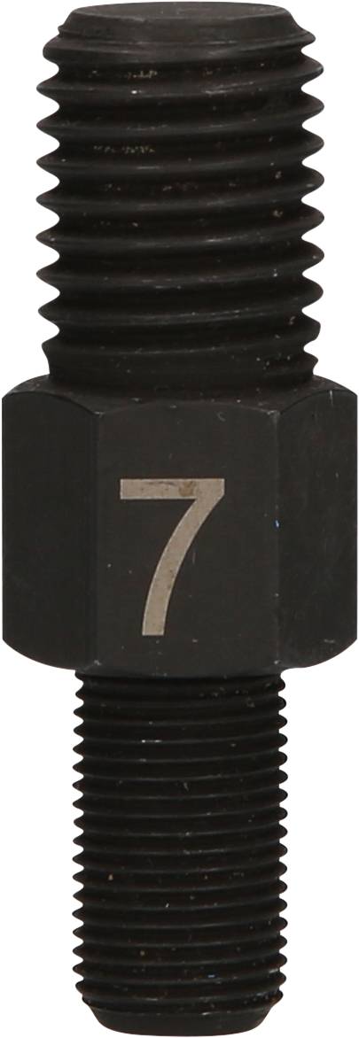 Ein schwarzer Metall-Dübel mit der Zahl '7' eingraviert, zeigt ein doppeltes Gewinde oben und unten.