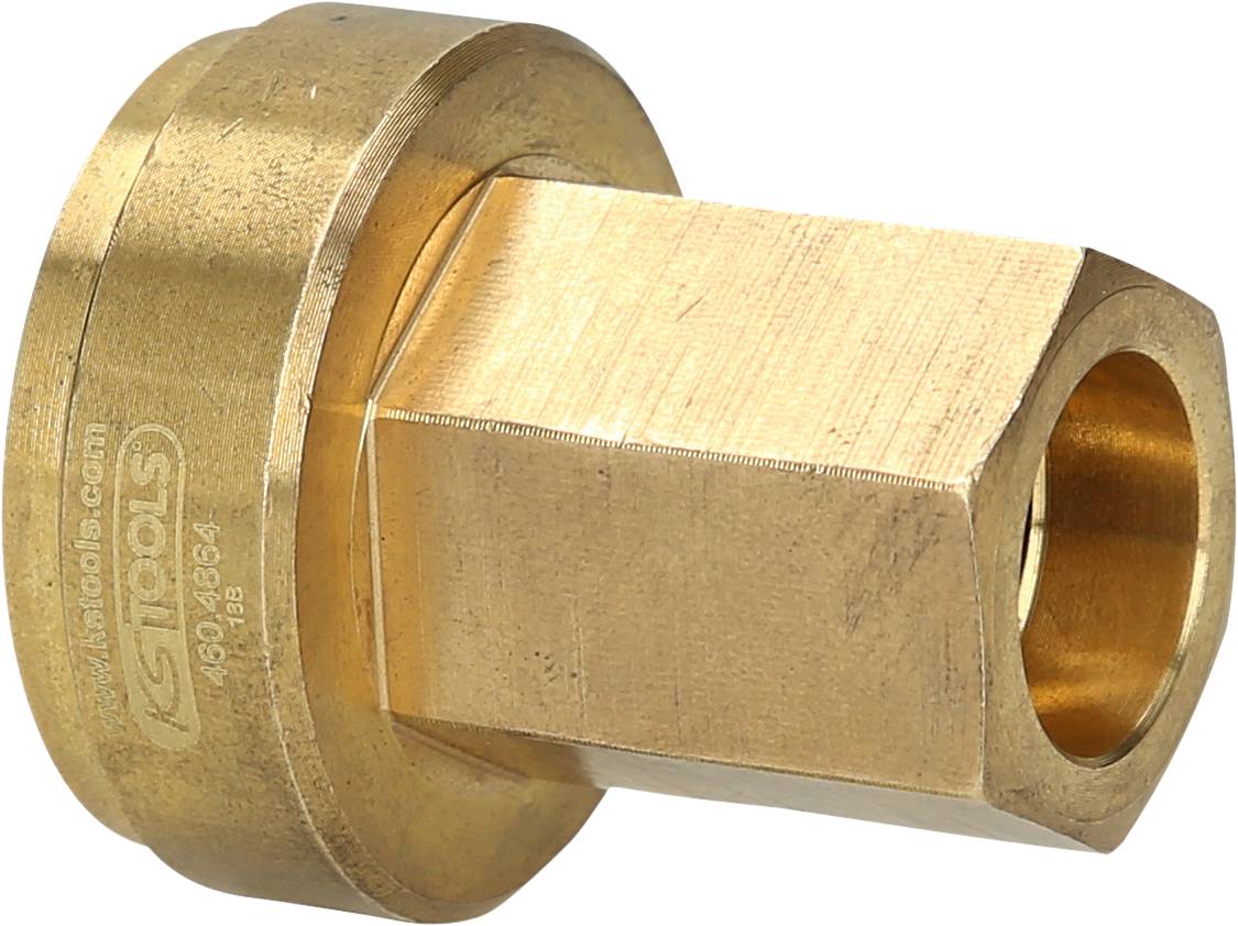 Ein sechseckiger, messingfarbener Adapter für Spezialanwendungen, verwendet in mechanischen oder technischen Umgebungen.