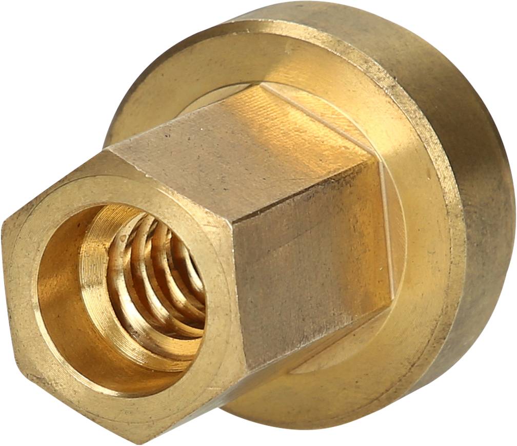 Sechskantmutter aus Messing mit flacher Oberseite.