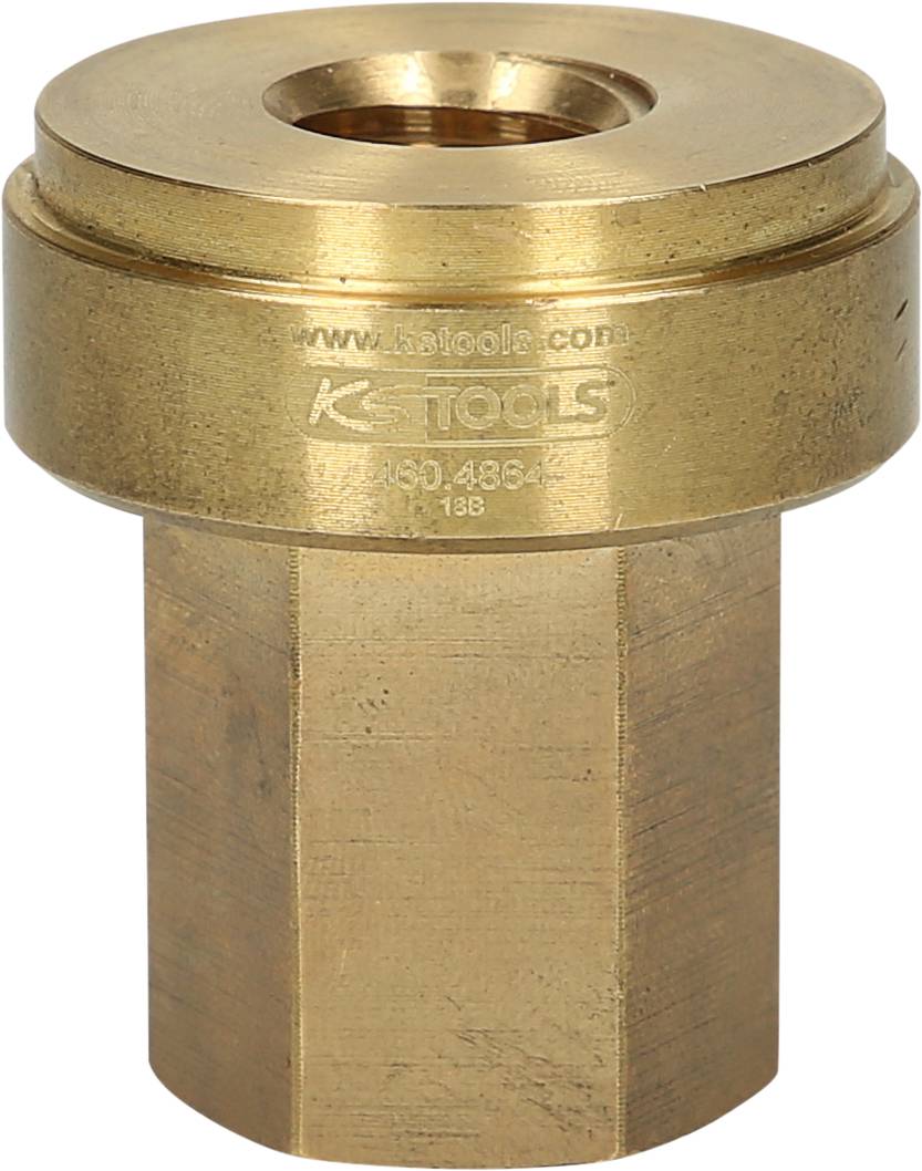 Messingfarbener Motorkurbelwellenadapter mit hexagonalem Schaft und runder Oberseite, geeignet für Werkzeugeinsatz.