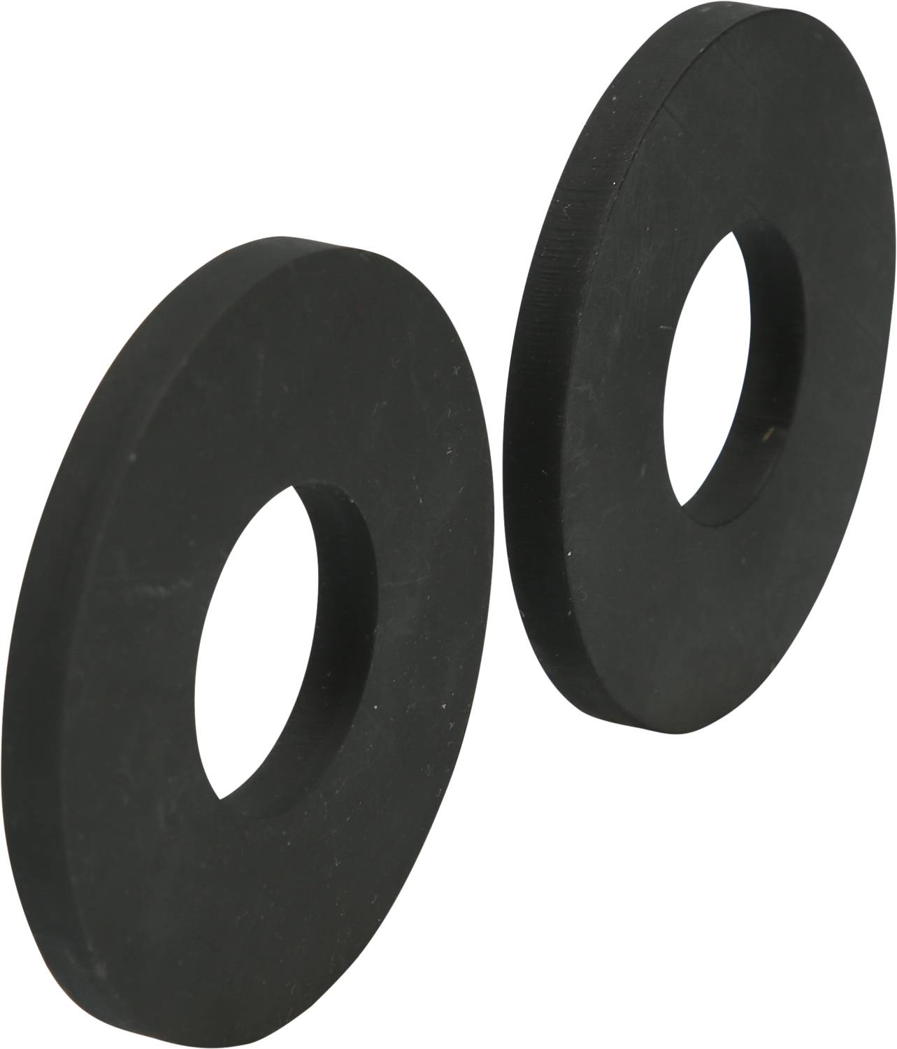 Zwei schwarze, runde Gummischeiben mit einem Loch in der Mitte, nebeneinander stehend.
