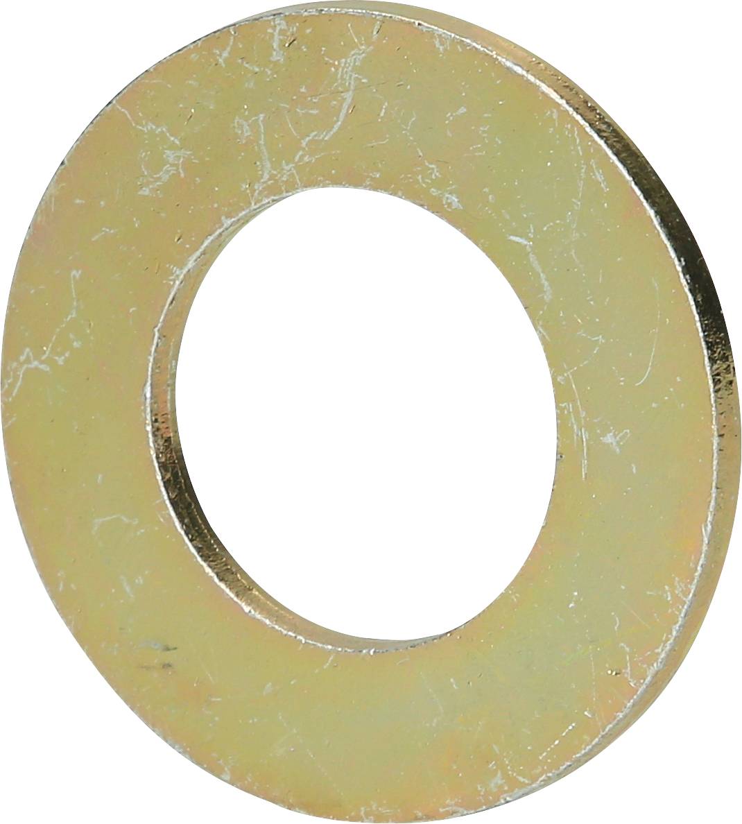 Eine einzelne goldfarbene Metallscheibe in ovaler Form, häufig als Unterlegscheibe zum Verteilen von Druck bei Schraubverbindungen verwendet.