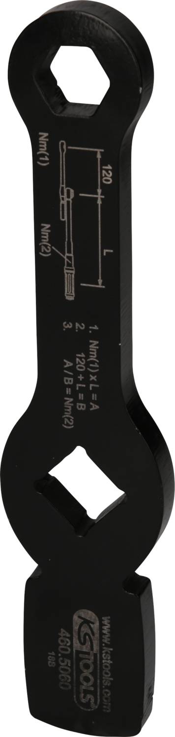 Ein schwarzer Spezialschlüssel mit technischen Spezifikationen und Logo der Marke, geeignet für präzise Montagearbeiten.