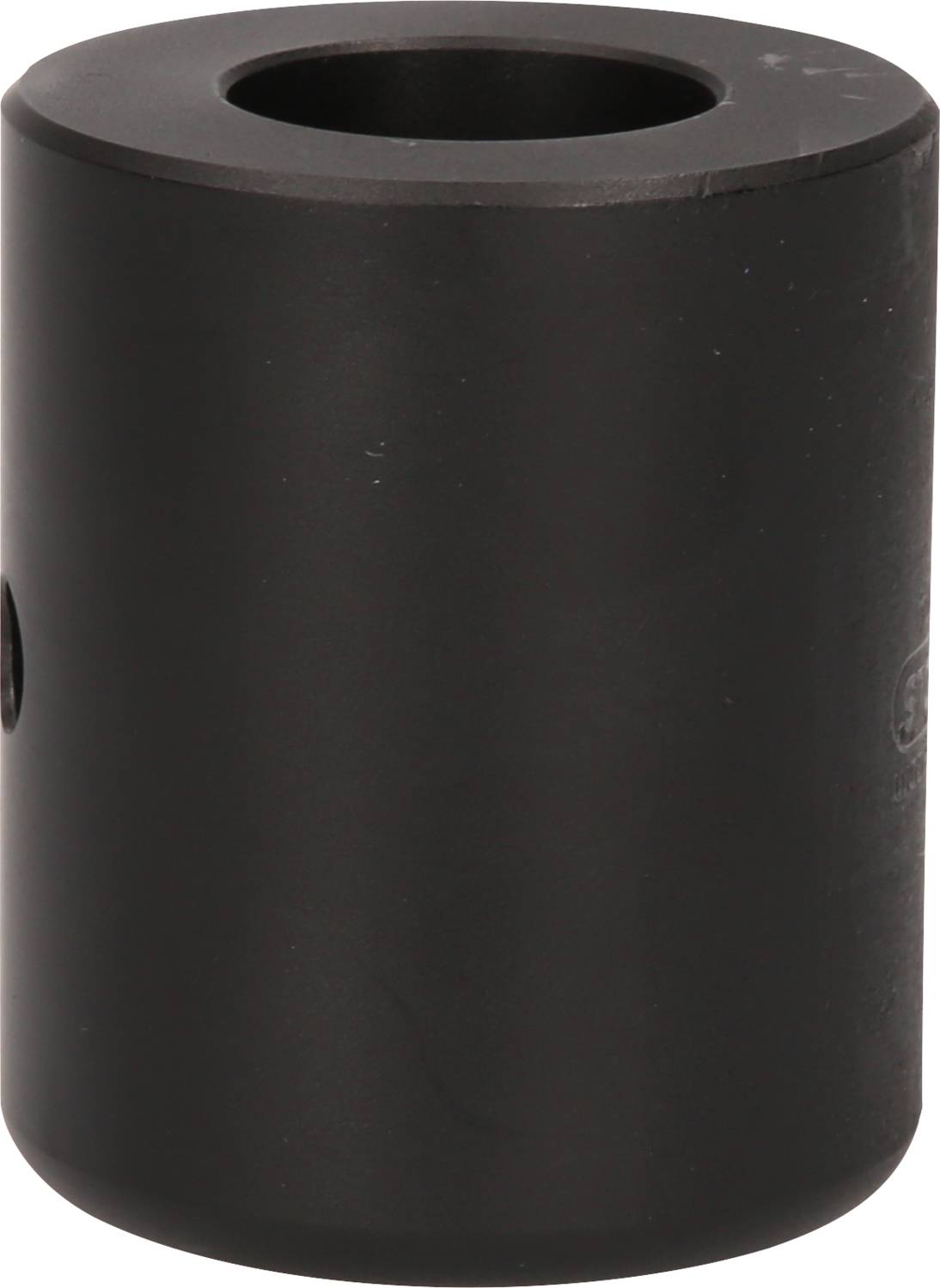 Schwarzer zylindrischer Adapter mit einem zentralen Loch, möglicherweise ein Teil eines mechanischen oder elektronischen Systems.