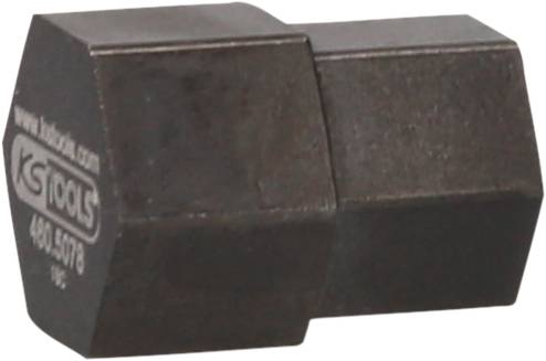 Ein dunkelgrauer Drehmomentadapter mit sechseckiger Basis und Gravur der Website sowie Teilenummer.