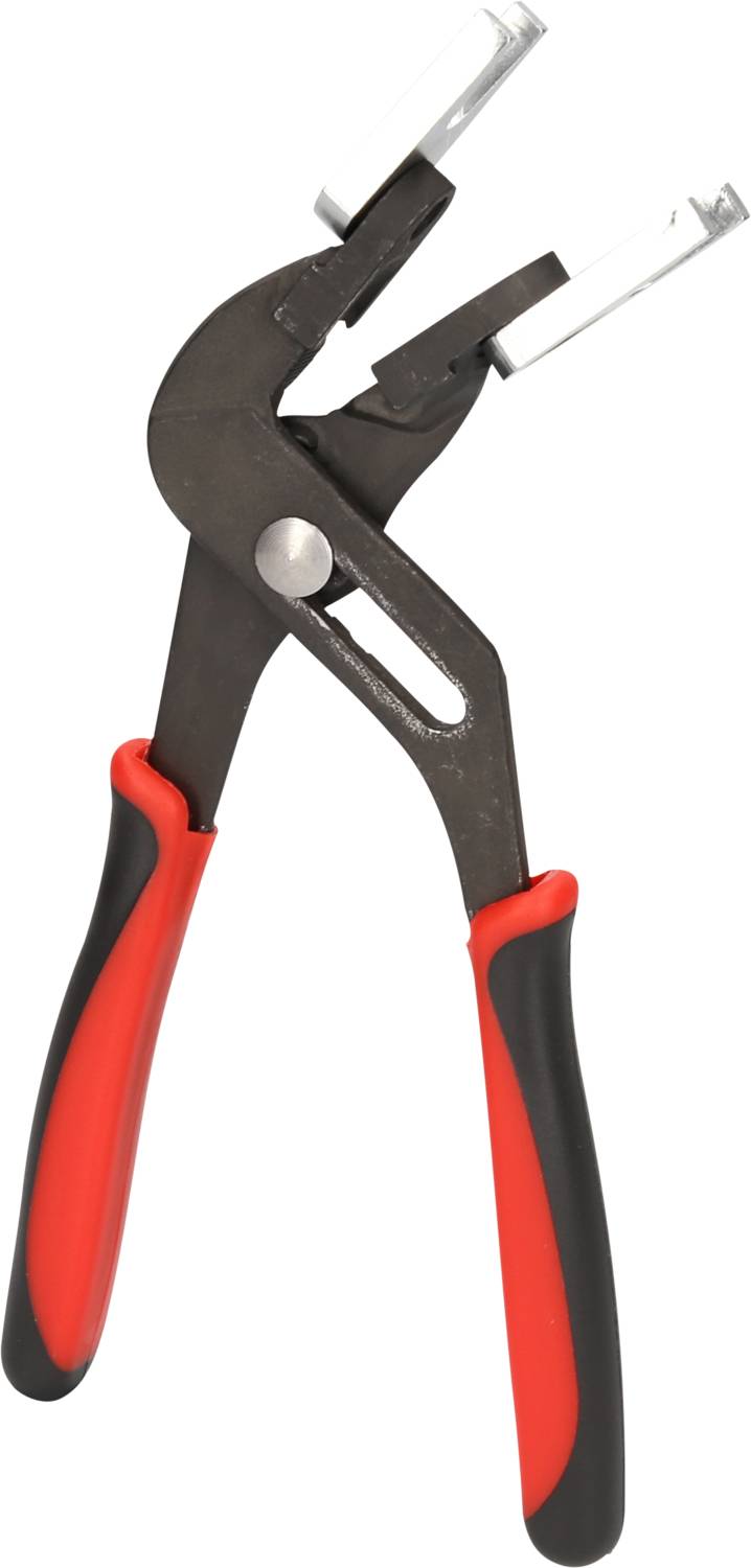 Schwarze Zange mit roten Griffen, geeignet zum Biegen oder Bearbeiten von Metallteilen. Ideal für Handwerksarbeiten.