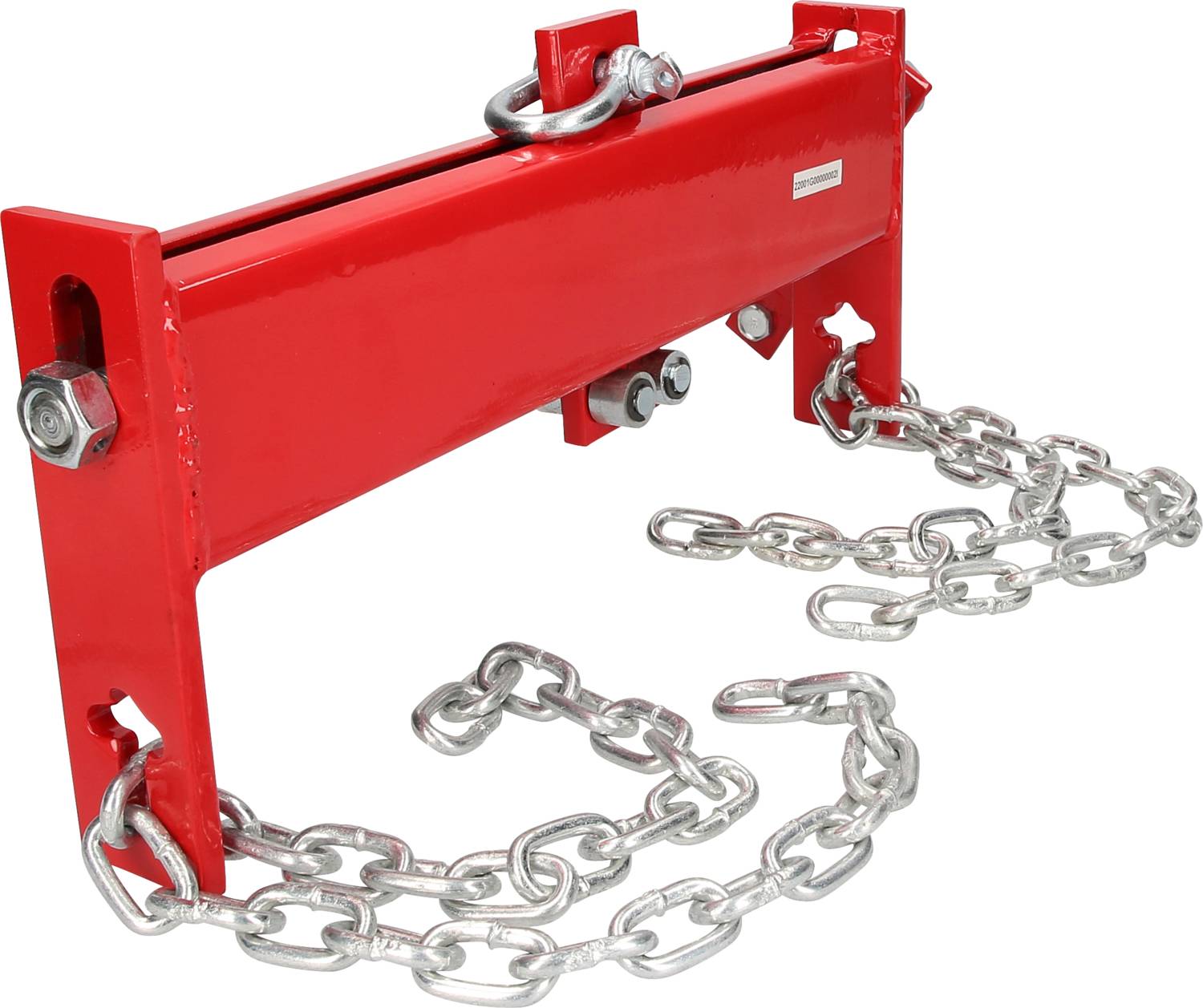 Roter Metallbalken mit Ösen und zwei langen Ketten. Verwendet zur Befestigung oder Hebeanwendung in industriellen Umgebungen.