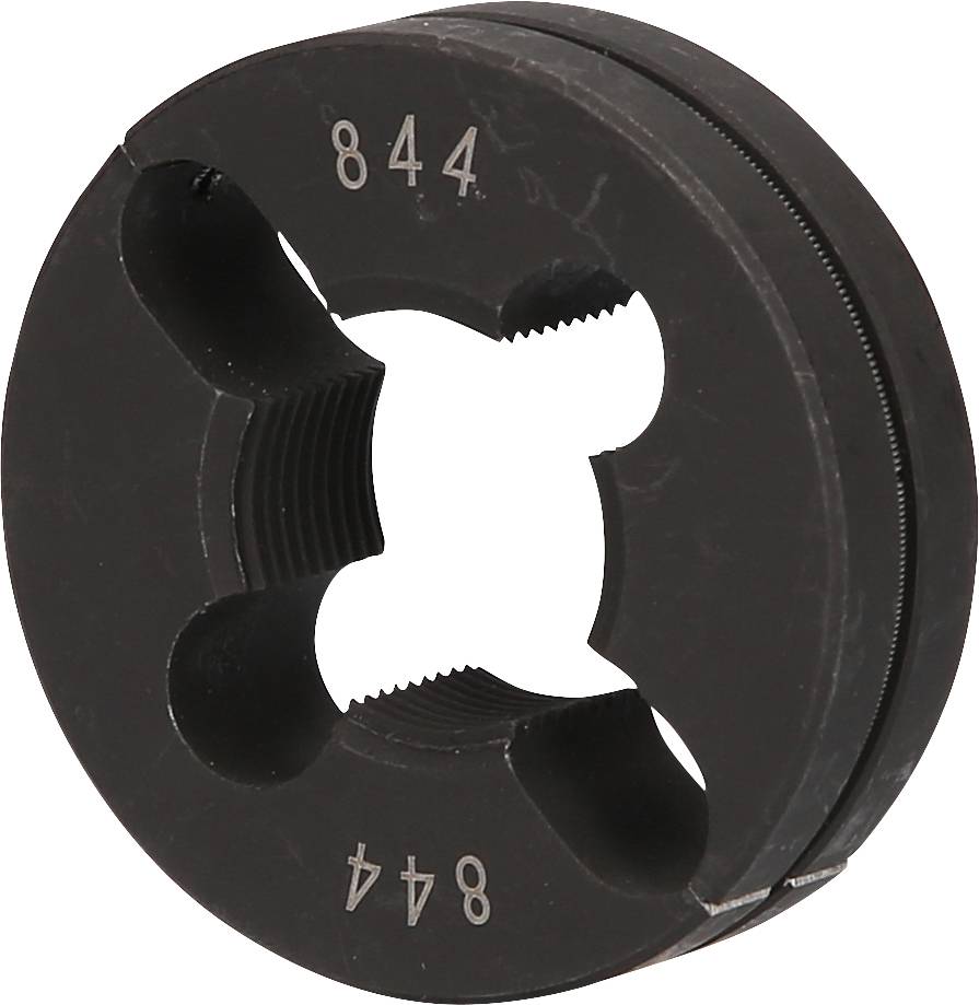 'Schneideisen mit der Aufschrift 844', ein schwarzes kreisförmiges Werkzeug mit Innengewinde zum Schneiden von Außengewinden.