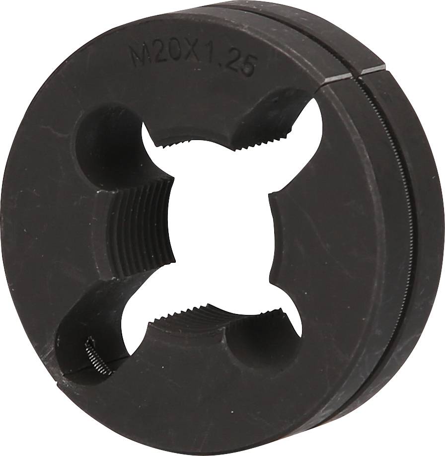 'Gewindestahl M20 x 1,25'. Rundes Schneideisen aus schwarzem Metall mit vier Aussparungen und zentraler Öffnung für Gewindeherstellung.