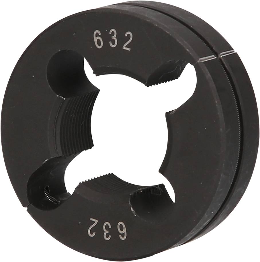 Rundes Gewinde-Schneideisen, schwarze Metallfarbe, mit vier Aussparungen und der eingeprägten Zahl 632.