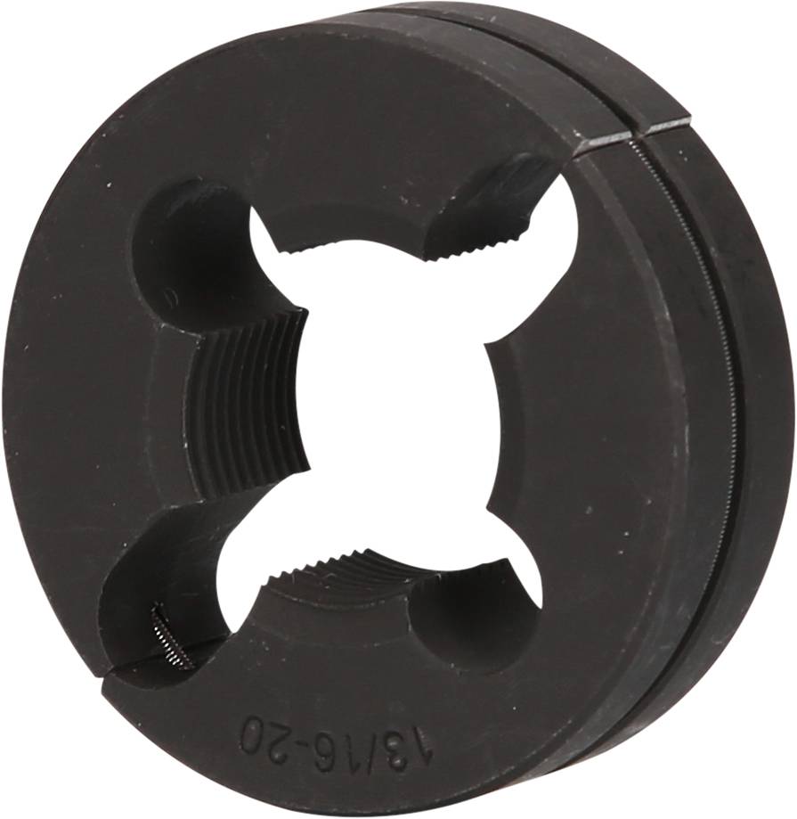 Ein rundes, schwarzes Gewindeschneideisen aus Metall mit vier Schneidzähnen und einer Größe von 13/16-20.