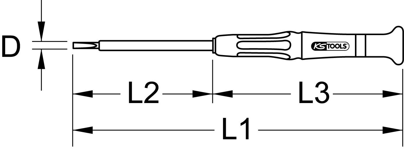 'KS Tools'-Schraubendreher mit Maßen: Durchmesser (D), Längen (L1, L2, L3). Technische Zeichnung, zeigt Maße und Form.