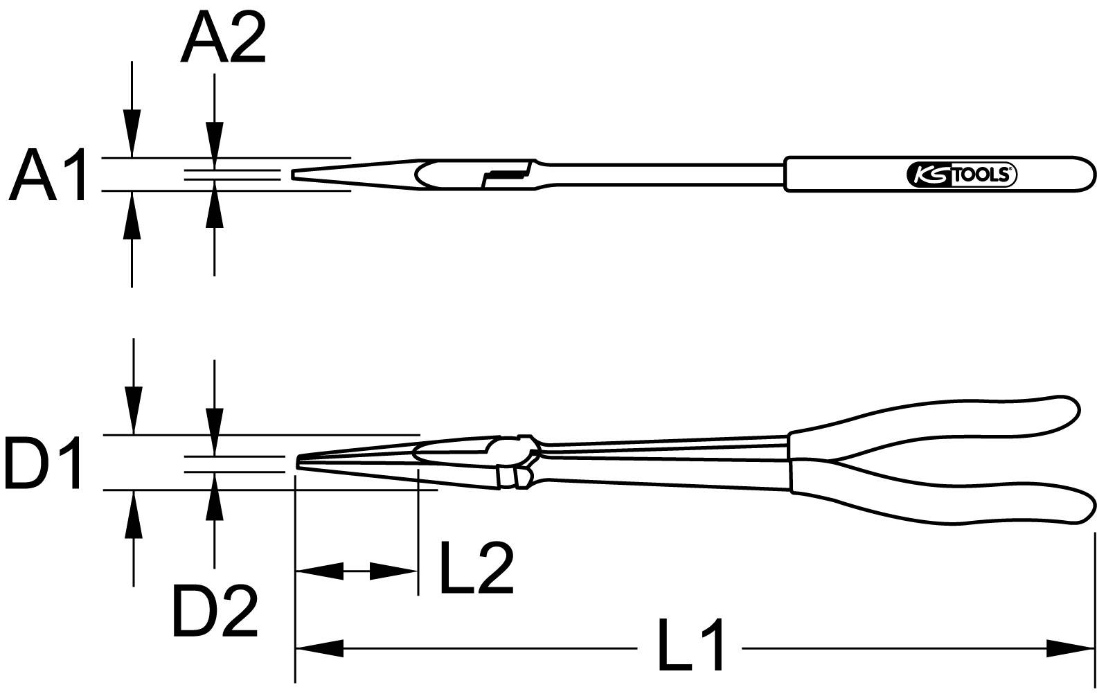 Abbildung von zwei Zangen: Oben eine längliche Zange mit Maßen A1, A2; unten eine gebogene Zange mit Maßen D1, D2, L1, L2.