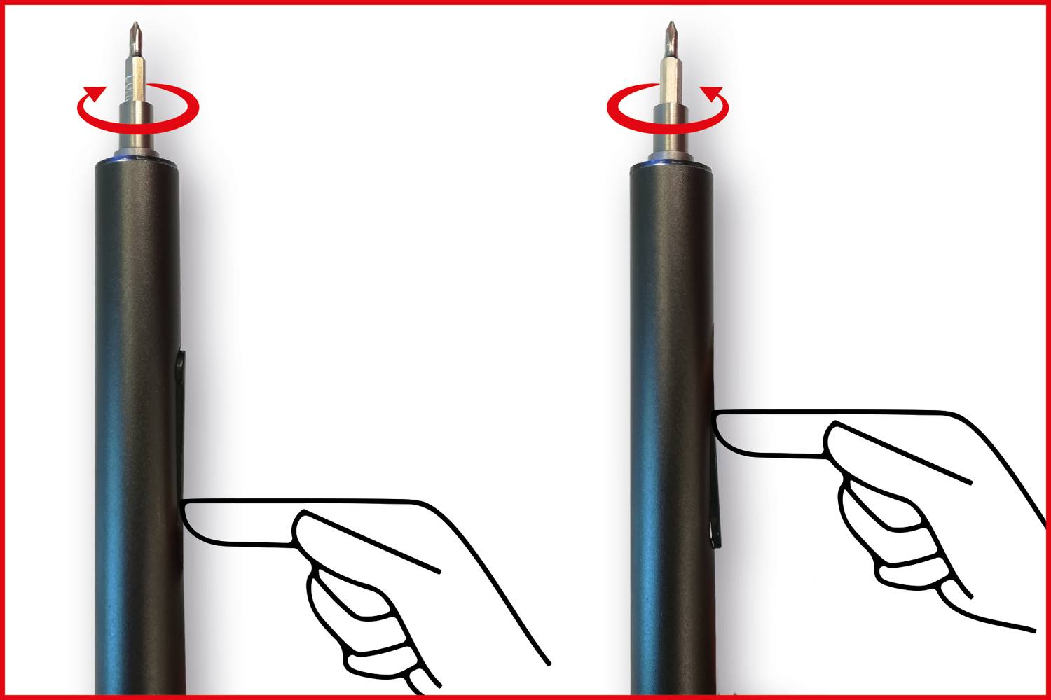 Anleitung zur Bedienung eines Stifts: Step 1 - Drehen Sie den oberen Teil des Stifts, um die Spitze auszufahren. Step 2 - Drücken Sie den Clip, um die Spitze wieder einziehen.