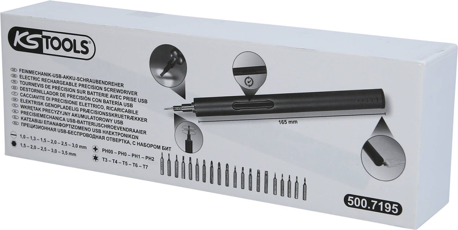 'KS Tools Feinmechanik USB-Akkuschraubendreher-Set' Verpackung zeigt einen Schraubendreher und austauschbare Bits, Abbildung von 165 mm Länge.