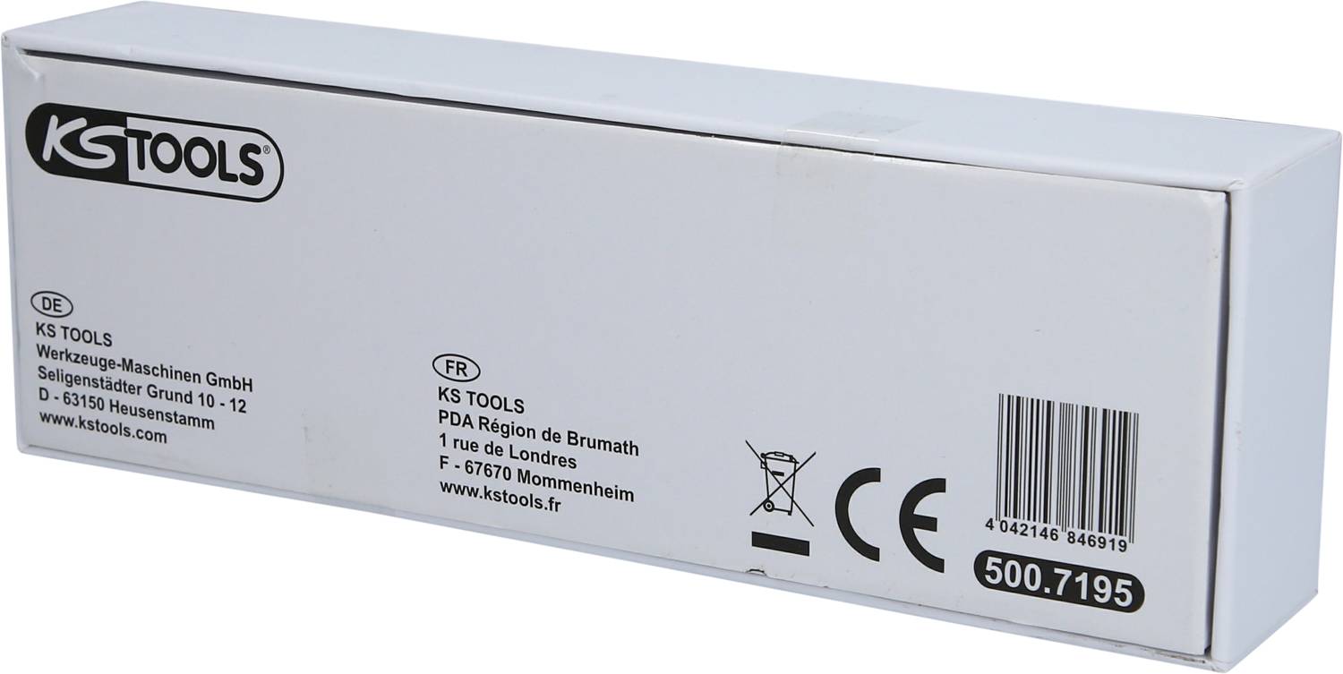 Weiße Verpackung mit KS Tools-Logo, Adresse in Deutschland und Frankreich, Produktcode 500.7195, CE- und Recyclingsymbole.