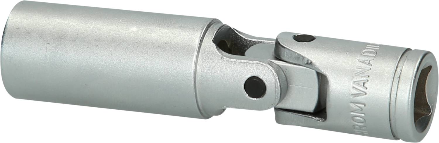 Metallverbindungsteil mit Drehgelenk, zylindrisch mit seitlichen Öffnungen. Aufschrift 'CHROM VANADIUM'. Werkzeug oder Maschinenteil.