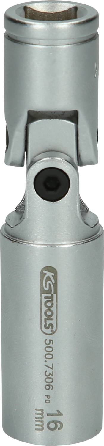 Metallener Drehgelenk-Nussadapter mit Gravur 'KS TOOLS 500.7336 16 mm', geeignet für Schraubarbeiten in schwer zugänglichen Bereichen.