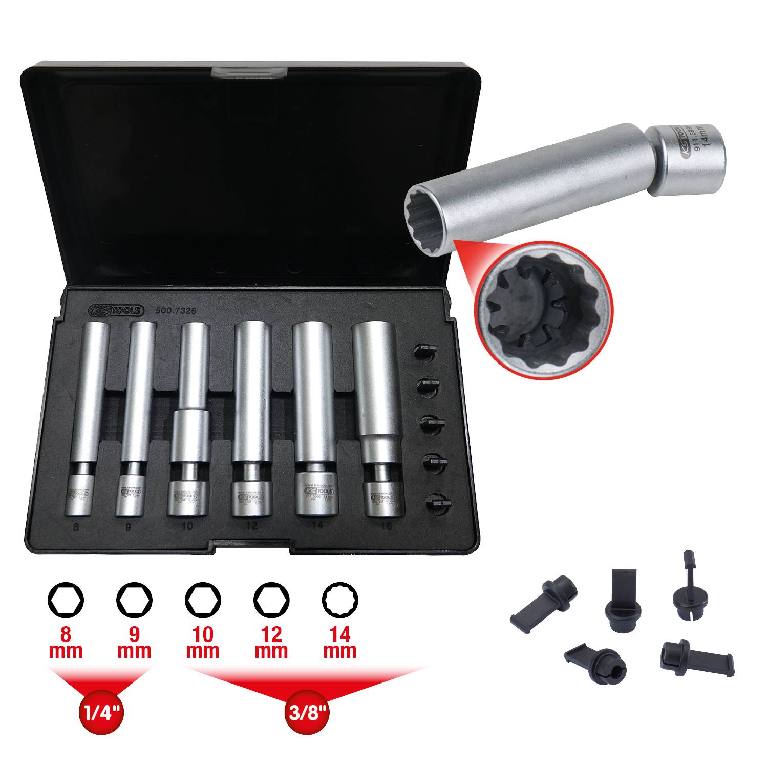 KS Tools 500.7325 1/4" + 3/8" Spezial-Glüh- und Zündkerzen-Stecknuss-Satz mit Gelenk, 11-tlg