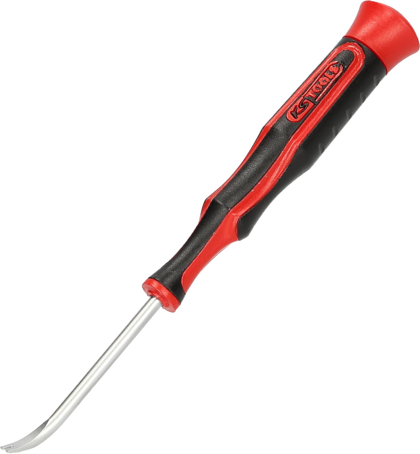 Ein roter und schwarzer Handwerkzeug-Haken mit einem ergonomischen Griff und gebogener Metallspitze, typisch für Hebelarbeiten.