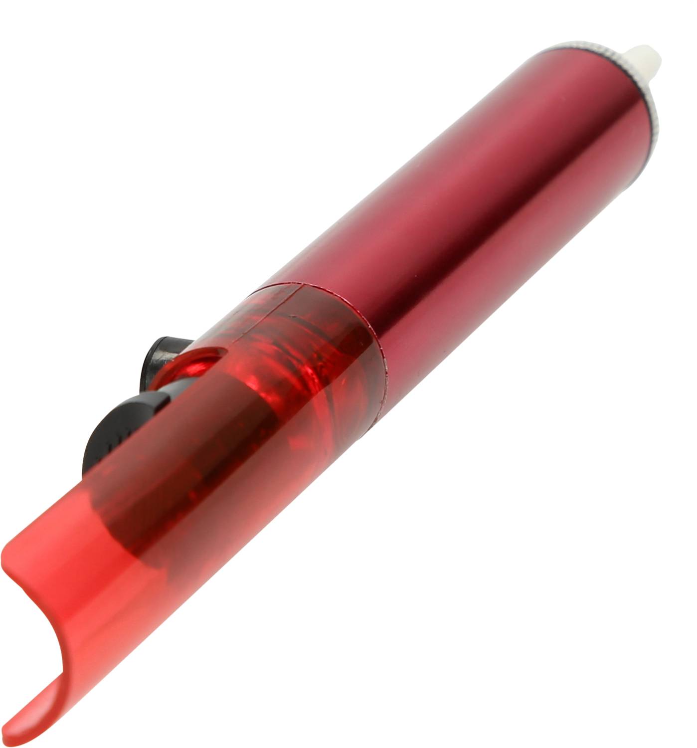 Roter, transparenter Rotstift mit Druckknopf und weißer Spitze, schräg ausgerichtet.