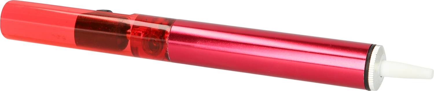 Roter Lötkolben in Stiftform, mit sichtbarer Spitze und durchsichtigem Griffteil; geeignet für feine Lötarbeiten.