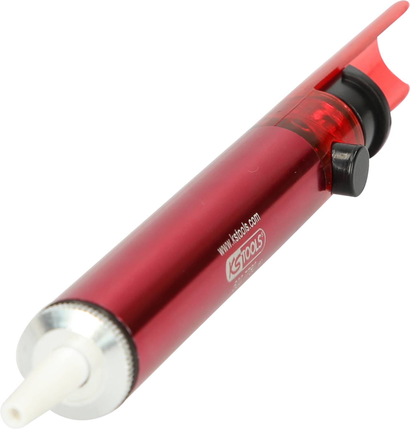 Ein roter Lötkolbenentlötpumpe, zylindrisch geformt, mit einem schwarzen Knopf und einer weißen Spitze, verwendet zum Entfernen von Lötzinn.