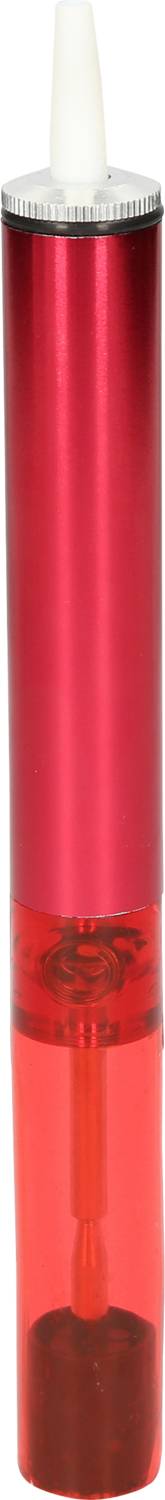 Roter Stift mit weißer Kappe und transparenter Spitze.