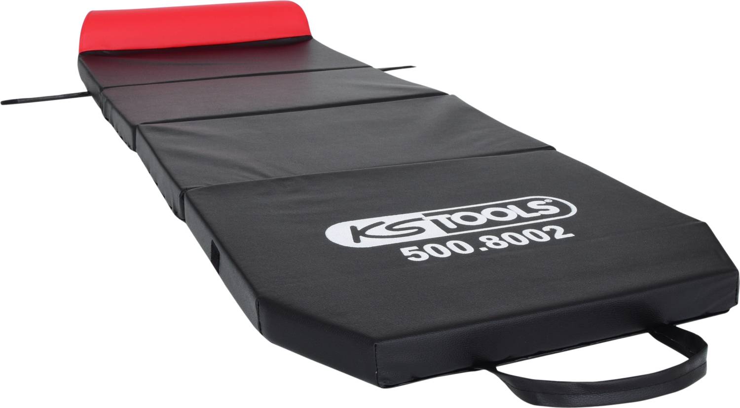 Schwarze klappbare Werkstatt-Liege mit rotem Kopfteil, Griffen zum Tragen und 'KS Tools 500.8002' Aufschrift.