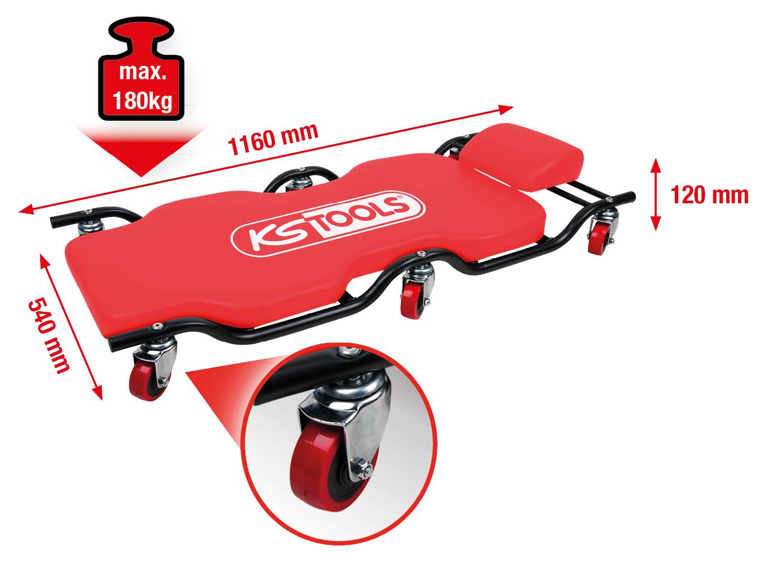 Rote Mechaniker-Liege von KS Tools mit sechs Rollen und einer Belastbarkeit von maximal 180 kg. Maße: 1160 mm x 540 mm x 120 mm.