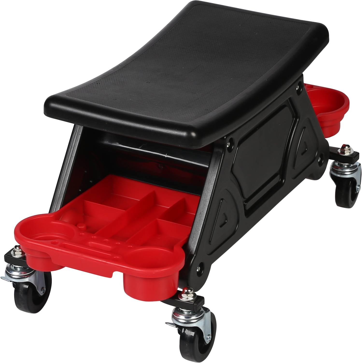 Werkstatt-Rollhocker mit gepolstertem Sitz, roten Werkzeugfächern und Rollen. Ideal für bequeme Arbeiten in der Werkstatt.