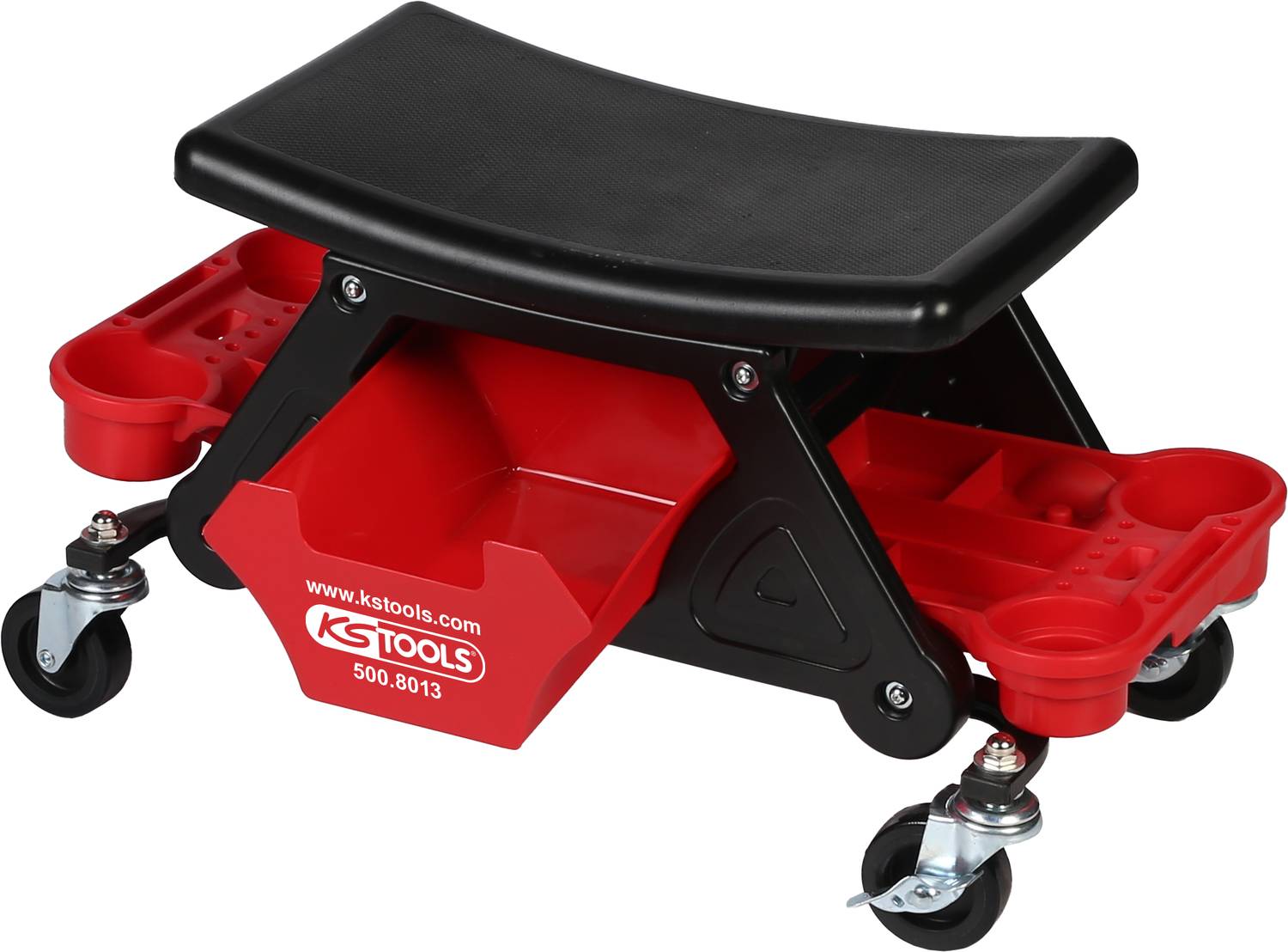 Rollhocker aus schwarzem Kunststoff mit roten Ablagefächern und vier beweglichen Rollen; geeignet für Werkstattarbeiten.