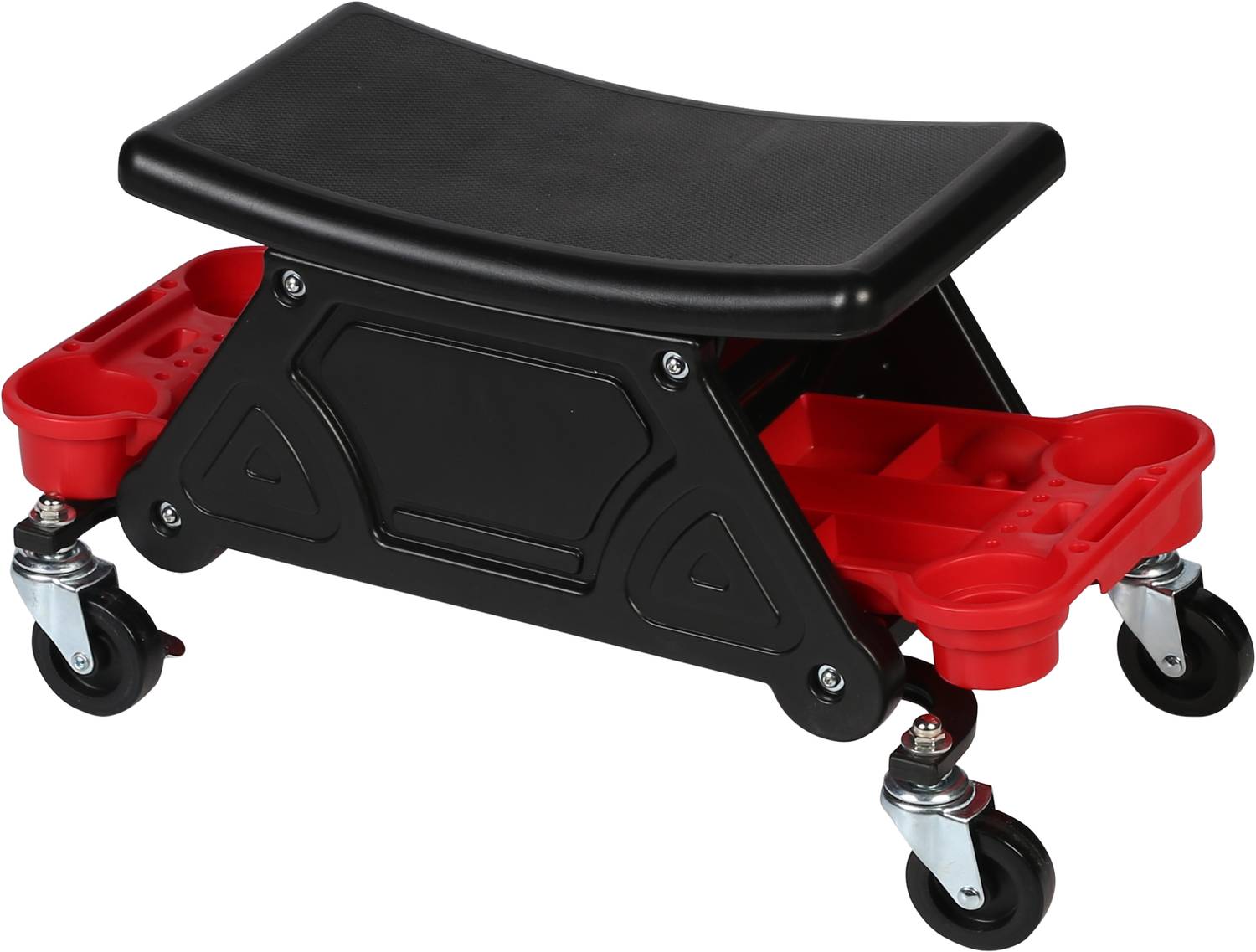 Schwarzer, rollbarer Werkstatthocker mit rotem Ablagefach, geeignet für Mechaniker zur bequemen Arbeit in niedriger Position.